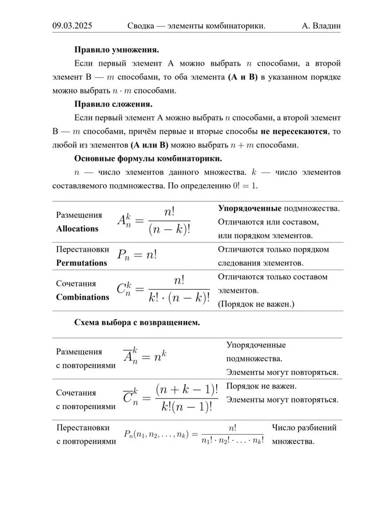 Основные формулы комбинаторики. Размещения, перестановки, cочетания. Схема выбора с возвращением. Повторения. Таблица простейших формул комбинаторики для студентов.