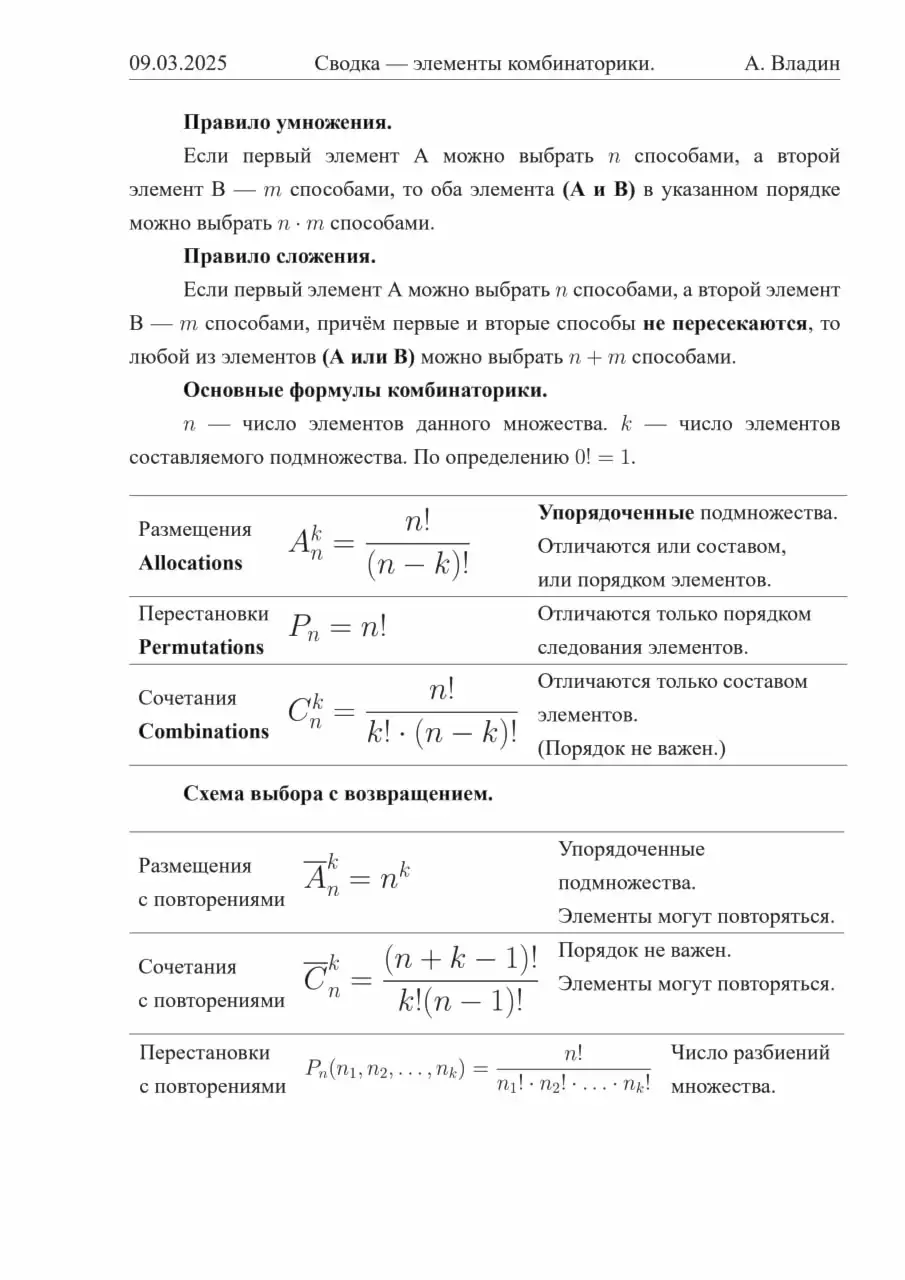 Таблица формулы комбинаторики. Основные формулы комбинаторики. Размещения, перестановки, cочетания. Схема выбора с возвращением. Повторения. Таблица простейших формул комбинаторики для студентов.